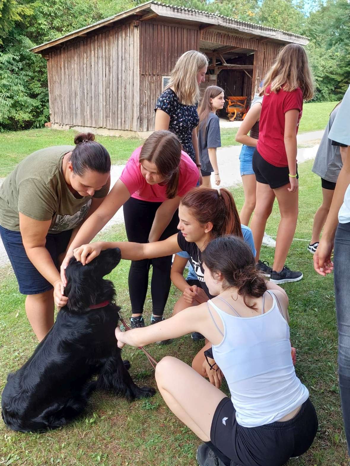 Schülerinnen mit Schulhund Jetta